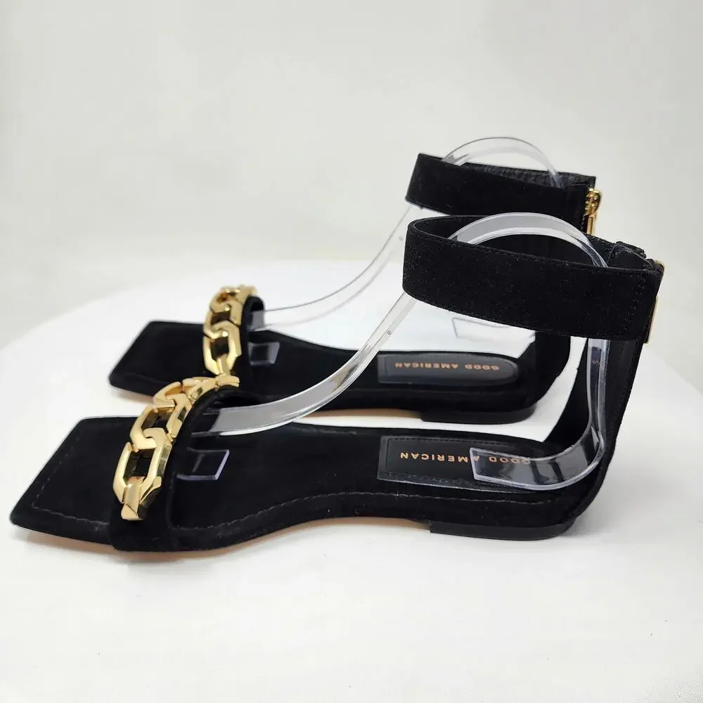 Good American Ankle Wrap Sandals Women 9 Black Suede w/ Gold Chain Detail EUC